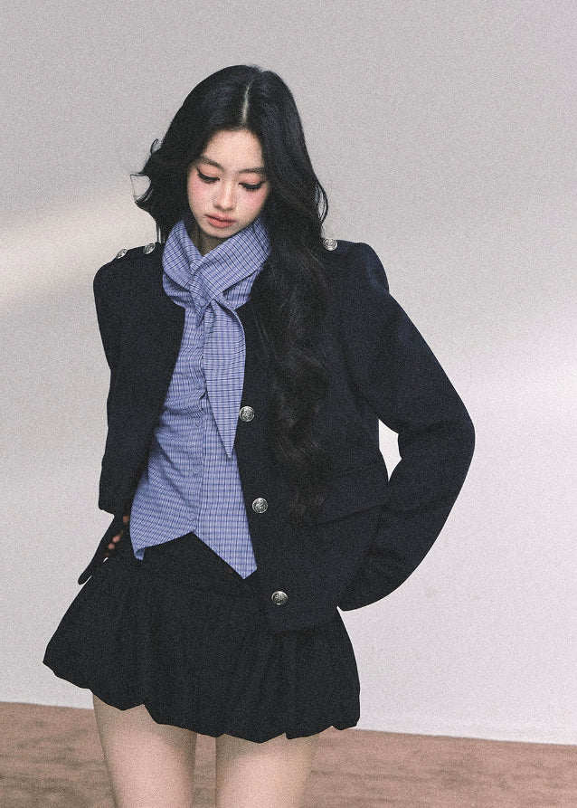 klein blue plaid shirt women, slim fit check blouse, american style plaid top, autumn blue long sleeve shirt, tailored crossover shirt women, fw25 check top, refined plaid blouse, slim plaid shirt, korean fitted check shirt
