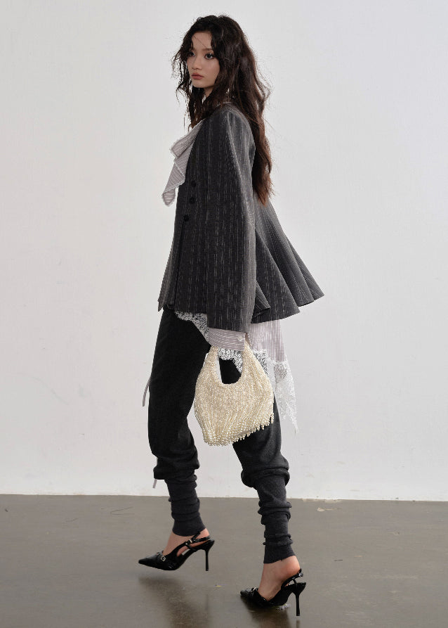 JNYLON asymmetric gray blazer women, Korean stylish tailored jacket, modern Korean fashion blazer, chic striped silhouette blazer, trendy Korean street chic outerwear, oversized gray blazer Korean style, urban fashion layering jacket women, stylish asymmetric tailored coat, minimalist Korean fashion blazer women, contemporary Korean blazer outfit