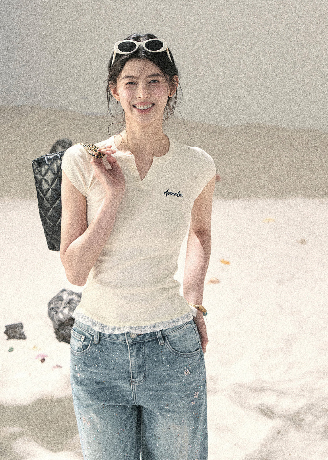 aomalm top, lace hem baby tee, faux layered t-shirt, korean feminine top, american casual top, waist cinching tee, slim summer top, letter embroidered top, lace trim t-shirt, commuter summer top, cropped fitted tee, feminine korean fashion