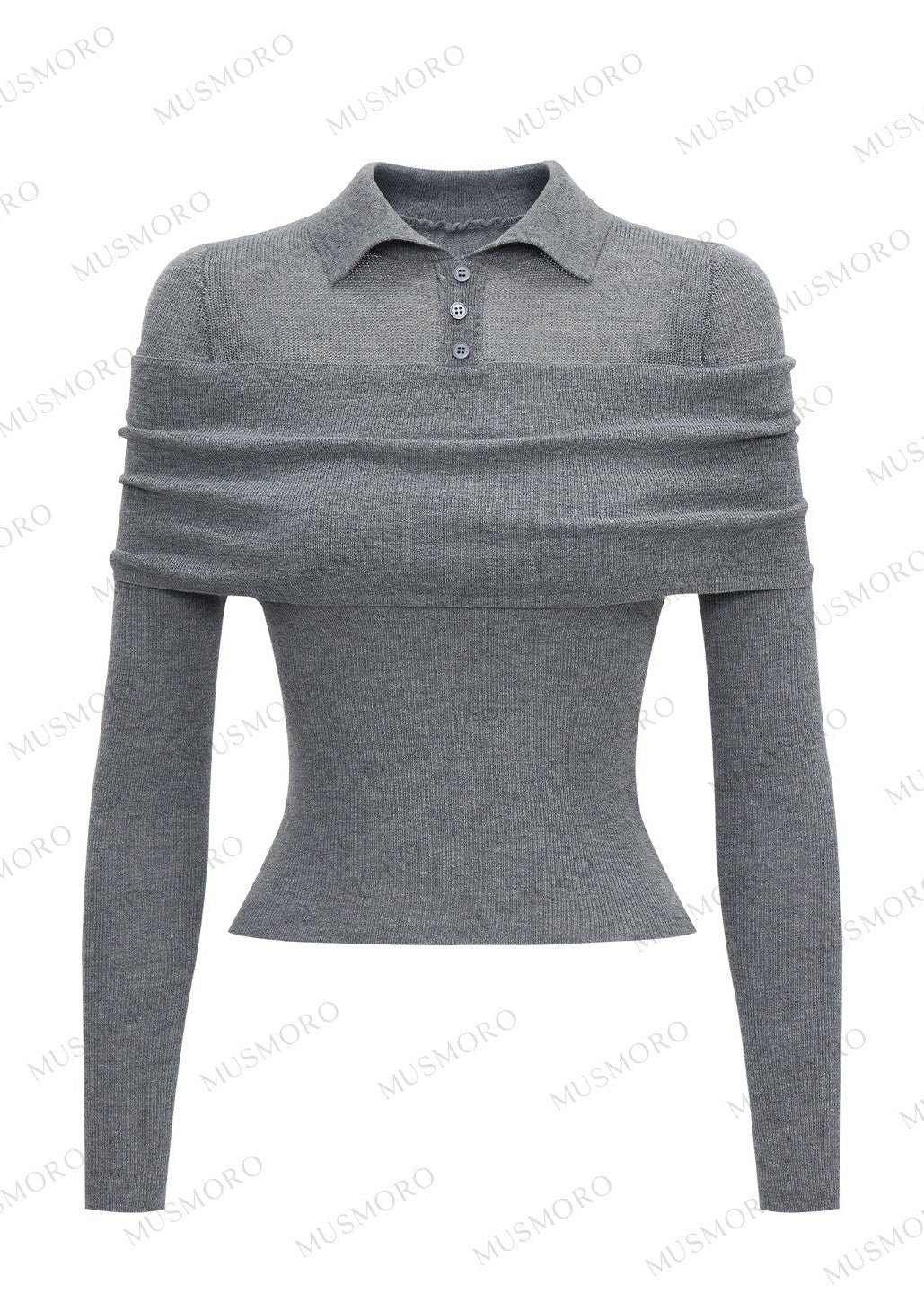 Grey off-shoulder draped polo knit top with foldover neckline
