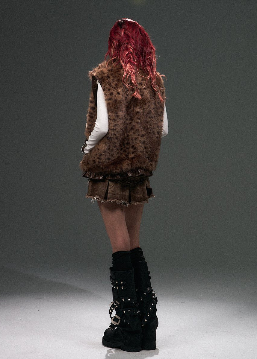 leopard fur vest women, faux fur gilet, edgy leopard print vest, punk winter layering, dark street fashion vest, vintage fur vest women, alternative fashion outerwear, frustration garden vest, statement faux fur piece, gothic streetwear vest, rebellious women fashion, textured fur vest, punk luxury layering, industrial style vest, edgy winter fashion
