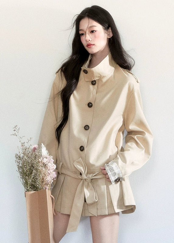 Fragileheart trench coat, short belted coat, luxury Korean fashion, beige autumn jacket, quiet luxury outerwear, pastel noir aesthetic, early fall outfit, elegant short trench, K-fashion 2025, minimalist feminine coat, tie-up waist jacket, sophisticated Korean fashion, modern beige outerwear, chic autumn coat
