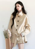 Fragileheart trench coat, short belted coat, luxury Korean fashion, beige autumn jacket, quiet luxury outerwear, pastel noir aesthetic, early fall outfit, elegant short trench, K-fashion 2025, minimalist feminine coat, tie-up waist jacket, sophisticated Korean fashion, modern beige outerwear, chic autumn coat
