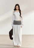 White wide-leg trousers with a ruched striped waistband