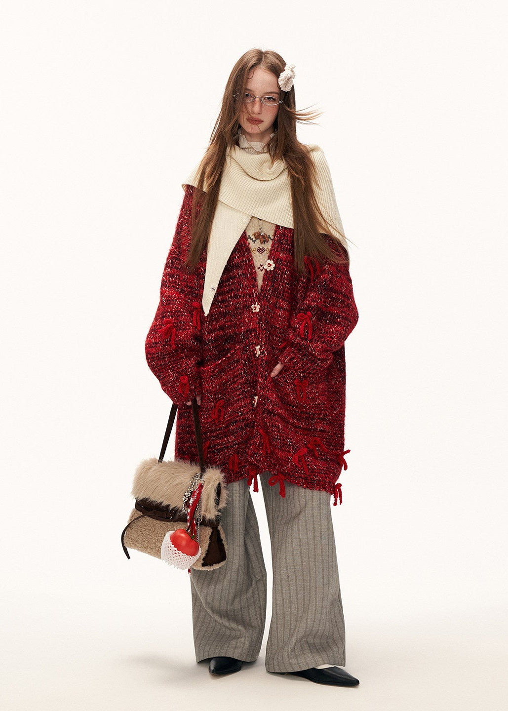 oversized knit jacket women, red chunky cardigan, y2k knit sweater jacket, mixed yarn knit top, loose fit winter sweater, street style knitwear women, midi length cardigan, fashion statement sweater, bow button knit jacket, trendy autumn winter knit, mamc knit style, cozy oversized sweater, high fashion street knit, casual winter cardigan, y2k fashion sweater