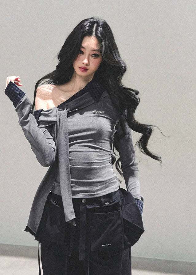 AOMALM top, Korean knit top, asymmetrical shoulder shirt, slanted shoulder knit, fake two-piece top, autumn winter women’s top, Korean fashion 2025, slimming knit shirt, asymmetric long sleeve top, feminine Korean style clothing, off-shoulder knit, layered look top, trendy knitwear women, soft knit t-shirt, daily Korean outfit, plaid contrast knit top, aesthetic knit top, elegant slim fit top, K-fashion tops women, winter stylish knit top, hot girl knit shirt