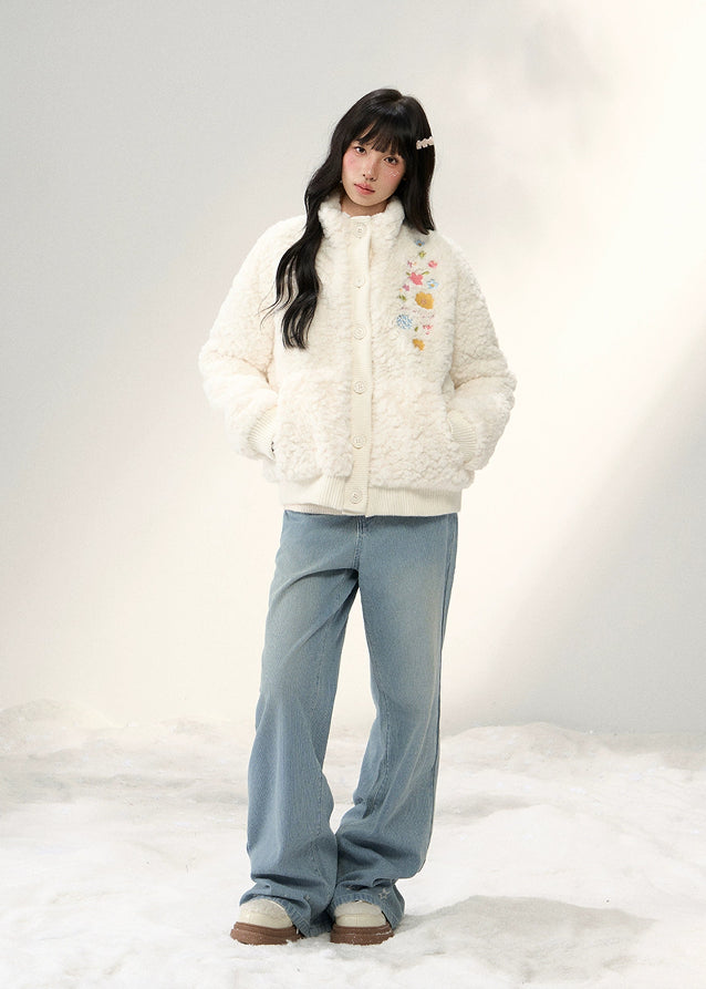 umoumo floral embroidery coat, embroidered fleece jacket women, korean cute fur jacket, stand collar fur coat, winter fuzzy jacket women, feminine korean style outerwear, soft warm sherpa coat, knitted panel embroidery jacket, kawaii winter coat, cozy floral fur jacket, pastel korean jacket, winter fashion 2025 women
