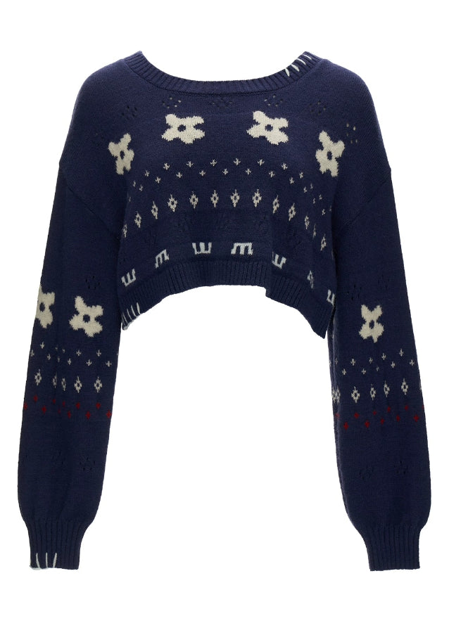 star flower knit sweater, jacquard crop sweater women, cute crew neck knit top, fall winter 2025 knitwear women, lazy style cropped sweater, korean cute knit fashion, loose jacquard sweater outfit, cozy streetwear sweater women, nowa tokyo soft street style
