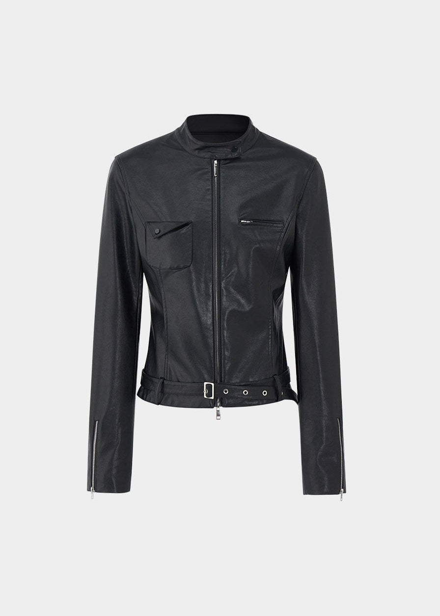 LaluneDuCiel leather jacket women, Korean feminine moto jacket, stand collar cropped leather jacket, romantic retro leather outerwear, pebble texture faux leather jacket, elegant Korean style jacket, waist fitted leather jacket women, versatile feminine biker jacket, chic Korean fashion outerwear, soft structured leather jacket