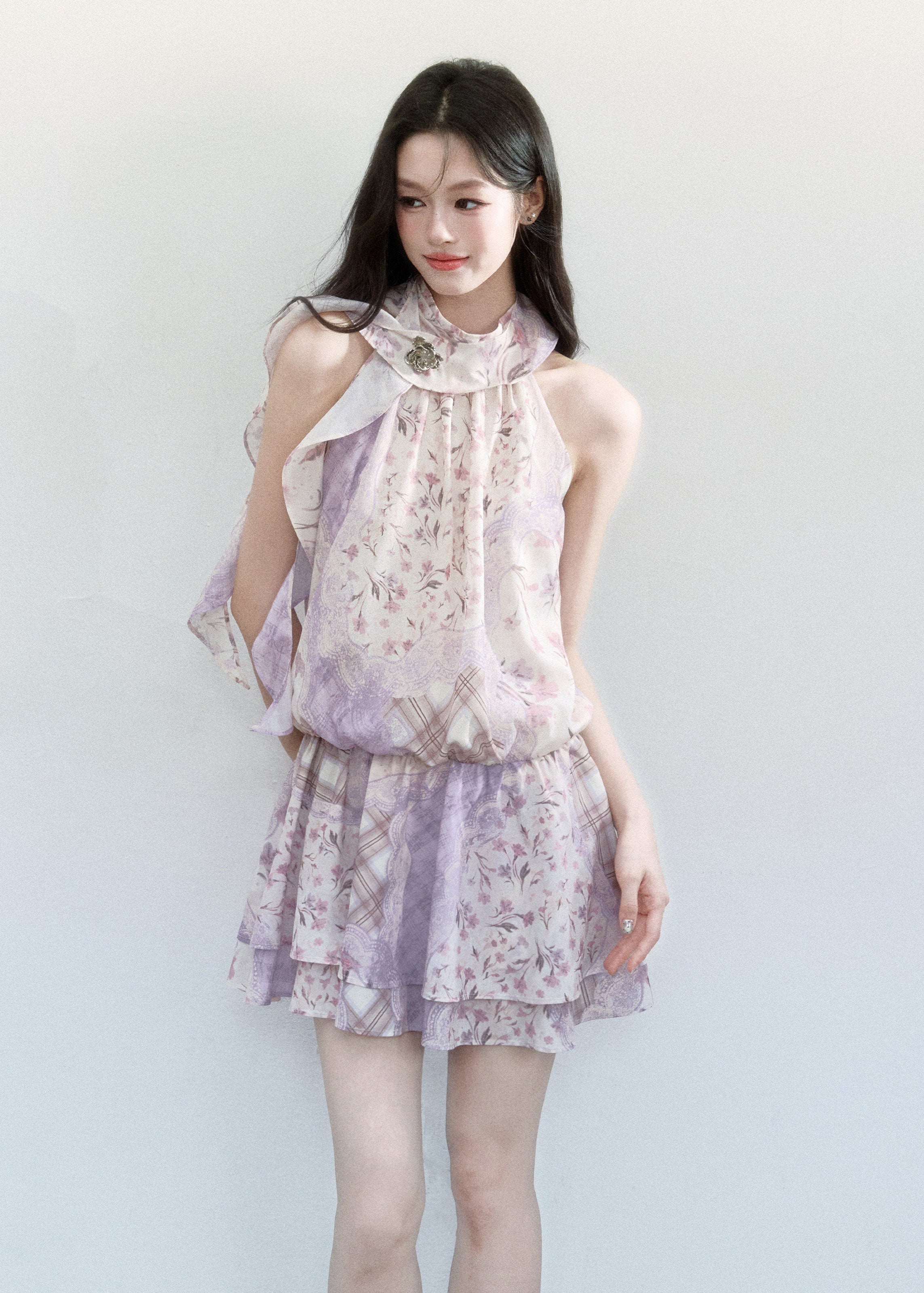 fragileheart dress, floral halterneck dress, pink floral mini dress, korean feminine dress, romantic summer dress, vintage floral dress, scarf neck mini dress, lilac floral dress, soft girl summer dress, feminine date dress, floral korean fashion, halterneck short dress