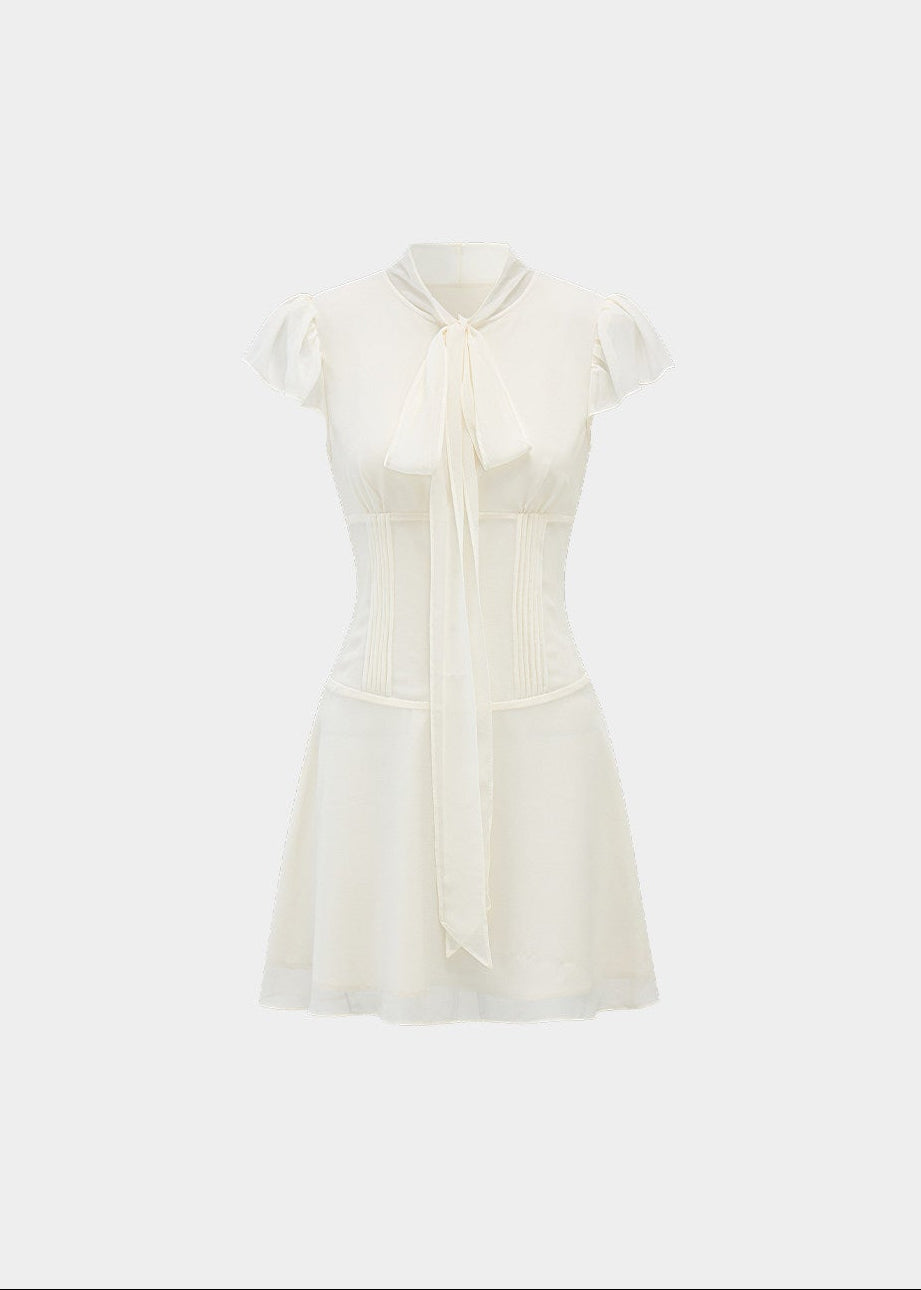 bow-tie chiffon mini dress, white chiffon dress, flutter sleeve mini dress, feminine korean dress, romantic summer dress, fit and flare mini dress, tie-neck dress, elegant white mini dress, soft girl summer dress, vacation mini dress, café date dress, graceful chiffon dress