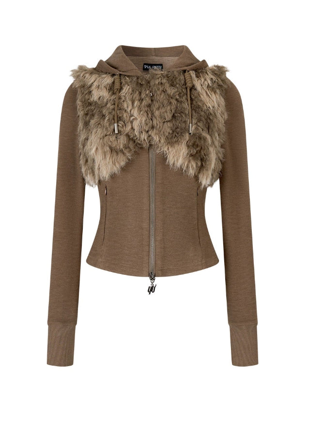VIAPITTI fur hoodie, fur collar hoodie women, vintage fur trim jacket, cropped zip hoodie, slim fit fur sweatshirt, autumn winter streetwear hoodie, grunge style fur jacket, Korean edgy fashion hoodie, faux fur zip-up top, women’s slim street jacket
