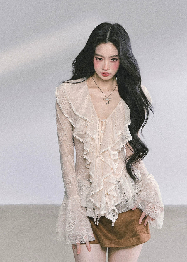 lace ruffle blouse, sheer lace long sleeve top, pure desire korean top, french romantic ruffle shirt, autumn lace blouse women, sexy cut out lace top, korean american fashion top, cream lace frill top, elegant lace t-shirt, soft girly lace outfit
