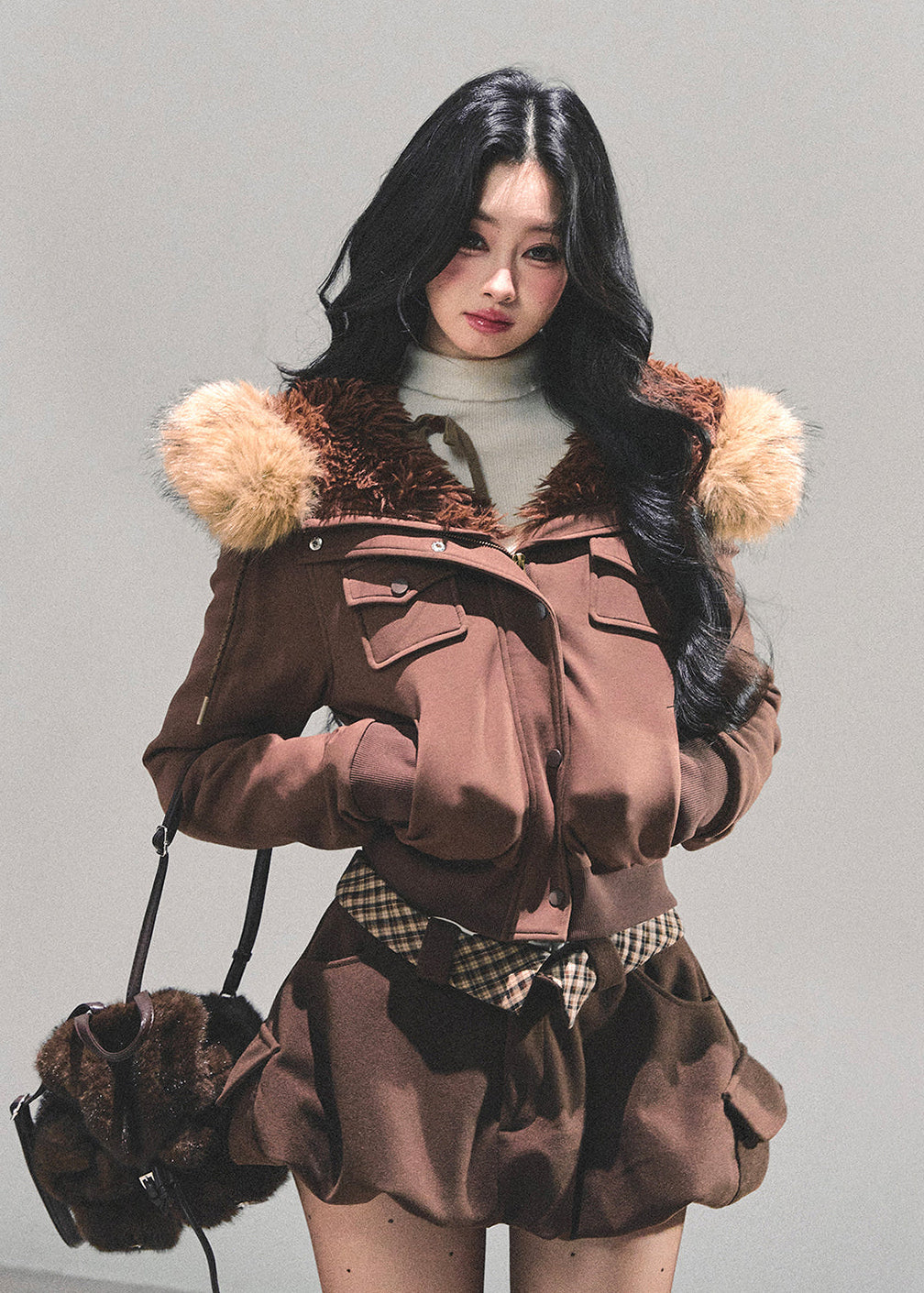 winter faux fur jacket, Korean winter coat, plush hooded jacket, AOMALM jacket, British style coat women, cute winter jacket, feminine winter outerwear, faux fur hood coat, soft plush winter coat, Korean aesthetic fashion, warm stylish jacket women, winter street style Korea, girly winter jacket, fluffy hood coat, cozy winter outerwear, trendy winter fashion 2025, Maillard tones jacket, autumn winter korean tops