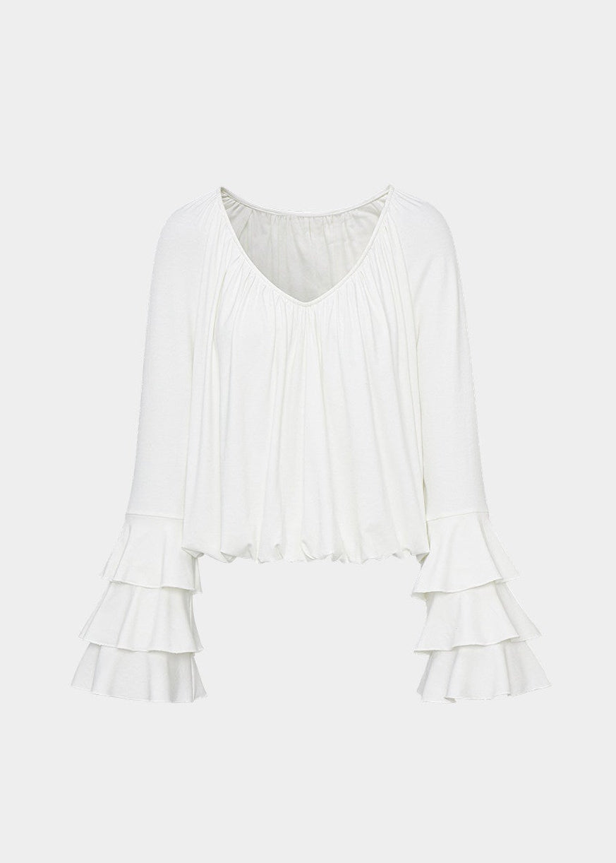 LaluneDuCiel white pleated blouse women, Korean feminine romantic top, water sleeve blouse women, elegant Korean style white shirt, soft chiffon pleated blouse women, romantic Korean fashion blouse, feminine spring white top, chic Korean style blouse, lightweight romantic blouse women, graceful Korean fashion top