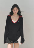 AOMALM sweater, V-neck knit top, college style sweater, Korean fashion sweater, wool knit women's top, winter knit pullover, feminine V-neck sweater, soft wool sweater, black knitted top, winter Korean style outfit, cute warm sweater women, campus style knitwear, deep V-neck pullover, trendy winter tops 2025, elegant knit sweater women, minimal chic sweater, soft warm knit top.
