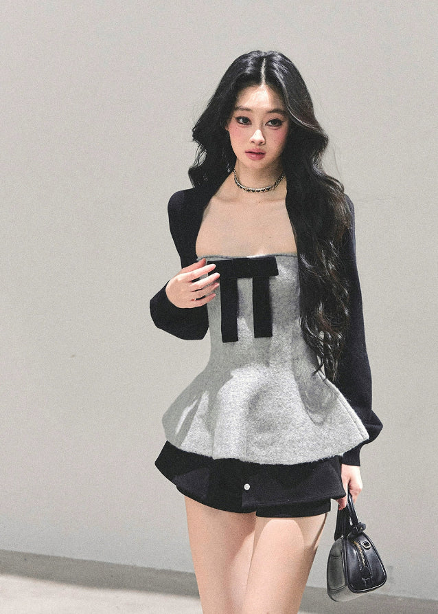 AOMALM top, French princess top, bow bustier vest, peplum vest top, knit bolero set, Korean feminine outfit, autumn winter top set, layered two-piece top, elegant ribbon top, princess style fashion, Korean winter fashion, peplum silhouette top, feminine streetwear, chic knit shawl, bow detail vest, trendy Korean tops, winter layering tops, romantic French outfit, stylish two-piece women, soft knit bolero, AOMALM new collection