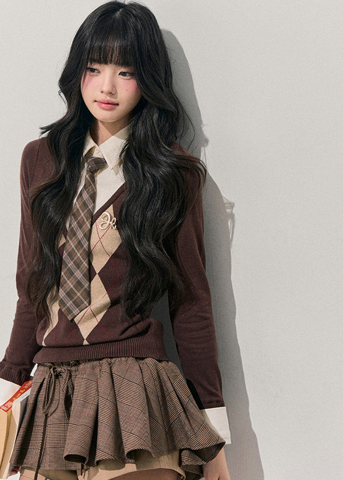 AOMALM knit top, Korean feminine sweater, fake two piece sweater, argyle knit top, diamond pattern sweater, women winter knitwear, soft Korean style top, slim fit knit sweater, vintage argyle sweater women, autumn winter knit top, layered look sweater, feminine Korean fashion, brown knit sweater women, cozy winter top, aesthetic Korean outfit, preppy style knit, soft girl sweater