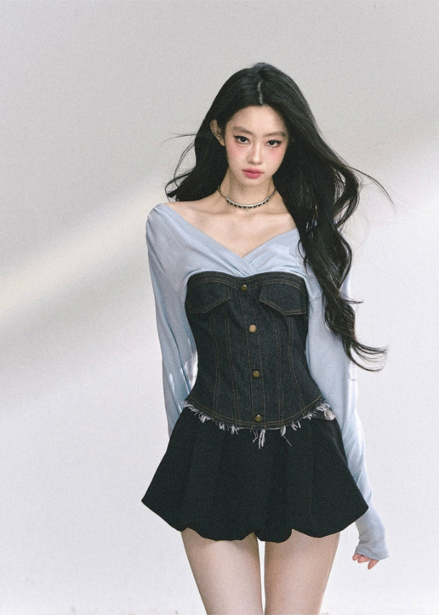 korean denim corset top, korean v neck long sleeve top, denim patchwork streetwear, korean hot girl outfit, trendy korean fall top, slim fit waist denim blouse, korean chic denim fashion, seoul style crop top women, off shoulder denim top korea, denim corset long sleeve women, modern korean streetwear top, korean aesthetic denim blouse, kfashion autumn top, urban denim streetwear outfit, korean stylish denim corset