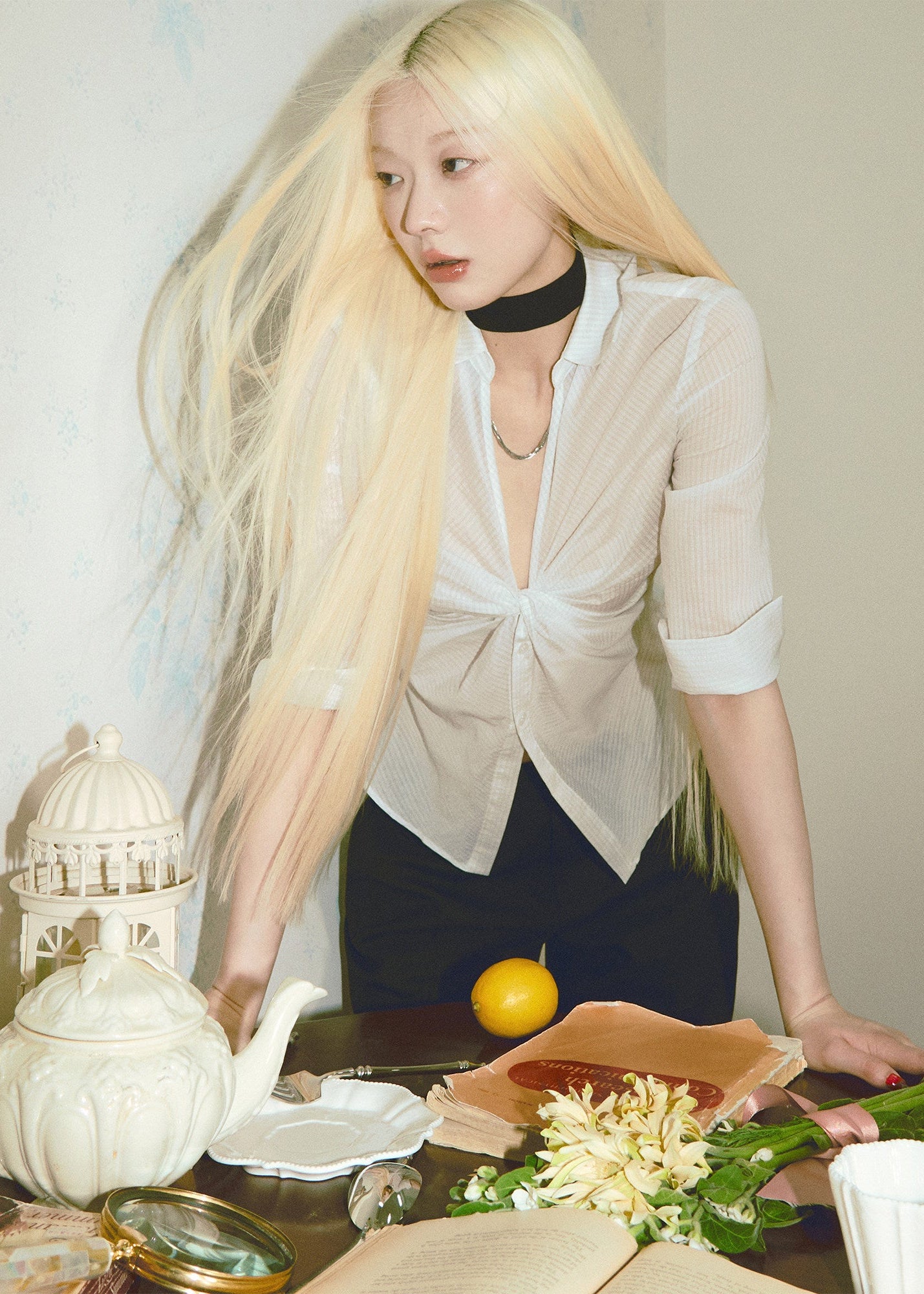 sheer shirt set, camisole shirt set, Korean feminine top, French sheer top, white layered top, striped sheer blouse, two piece summer top, collared sheer shirt, camisole strap top, pure desire top, feminine Korean fashion, lightweight cotton blend top, summer layering blouse, soft white blouse set, vacation outfit top