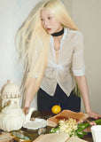 sheer shirt set, camisole shirt set, Korean feminine top, French sheer top, white layered top, striped sheer blouse, two piece summer top, collared sheer shirt, camisole strap top, pure desire top, feminine Korean fashion, lightweight cotton blend top, summer layering blouse, soft white blouse set, vacation outfit top