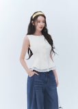 French vintage vest top, lace hem vest top, sleeveless button top, Korean feminine top, cotton linen sleeveless top, waist cinching blouse, romantic summer top, white lace trim top, vintage sleeveless blouse, feminine Korean fashion, button front vest top, cotton blend summer top, elegant casual top, café date outfit, soft vintage top