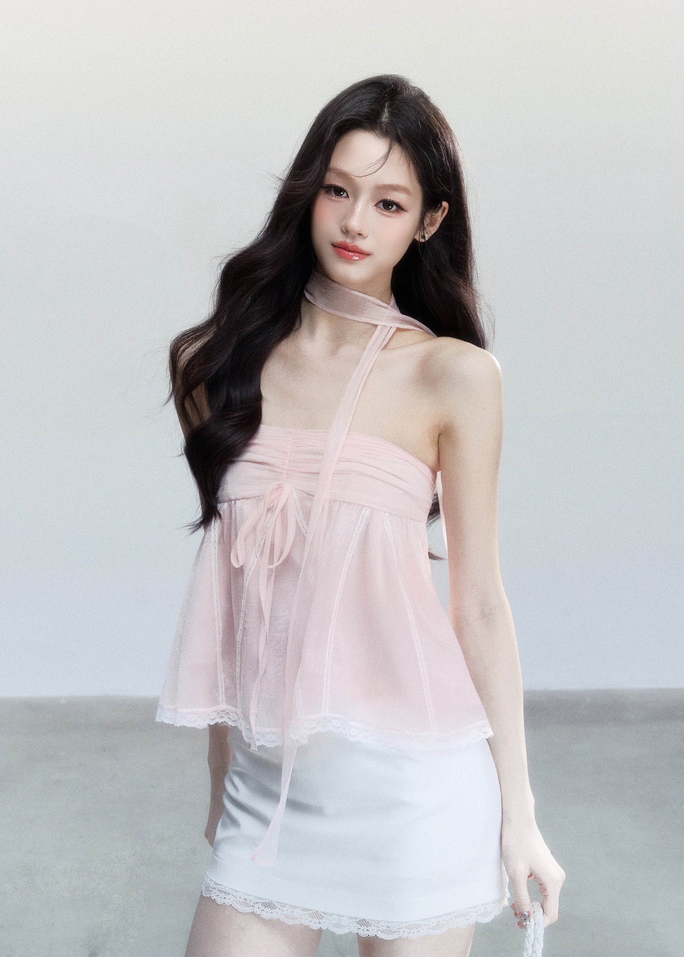fragileheart top, halter babydoll top, pink halter top, sheer korean top, feminine summer cami, sweet spicy top, bandeau style top, lace hem cami, blush camisole top, korean romantic top, lightweight summer top, soft girl halter top