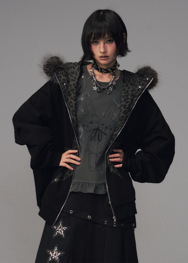 Frustration Garden hoodie, cat ear hoodie jacket, grunge fur hood sweatshirt, leopard star hoodie, edgy winter jacket women, punk fleece zip jacket, alternative streetwear coat, goth cat ear coat, oversized fur hood jacket