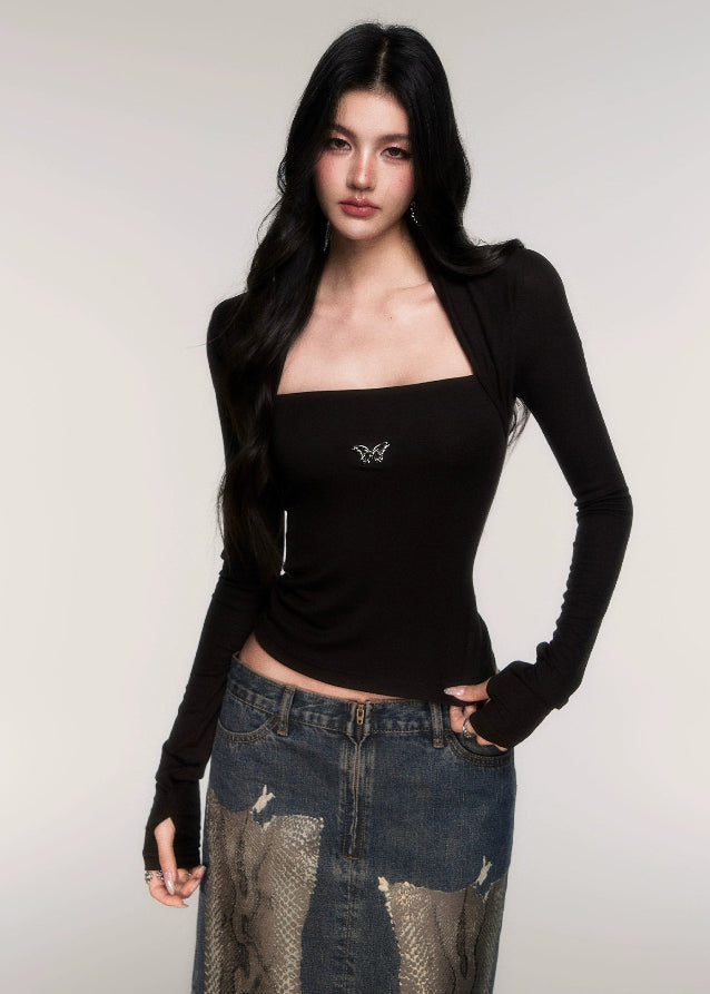 LuluSwings knit top, fake two piece long sleeve, slim fit layered top, Korean stylish slim tee, trendy hot girl top, modern layered sleeve knit, body contour knitwear, black layered knit top, pink slim knit top, fashionable Korean long sleeve, sexy city girl style top, AW fitted knit shirt, trendy dual sleeve top women