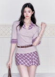 fragileheart set, purple plaid two piece set, korean academy outfit, plaid shirt skirt set, feminine korean fashion, campus style set, slim shirt top, plaid mini skirt set, soft girl outfit, korean preppy set, lavender plaid set, romantic collegiate outfit