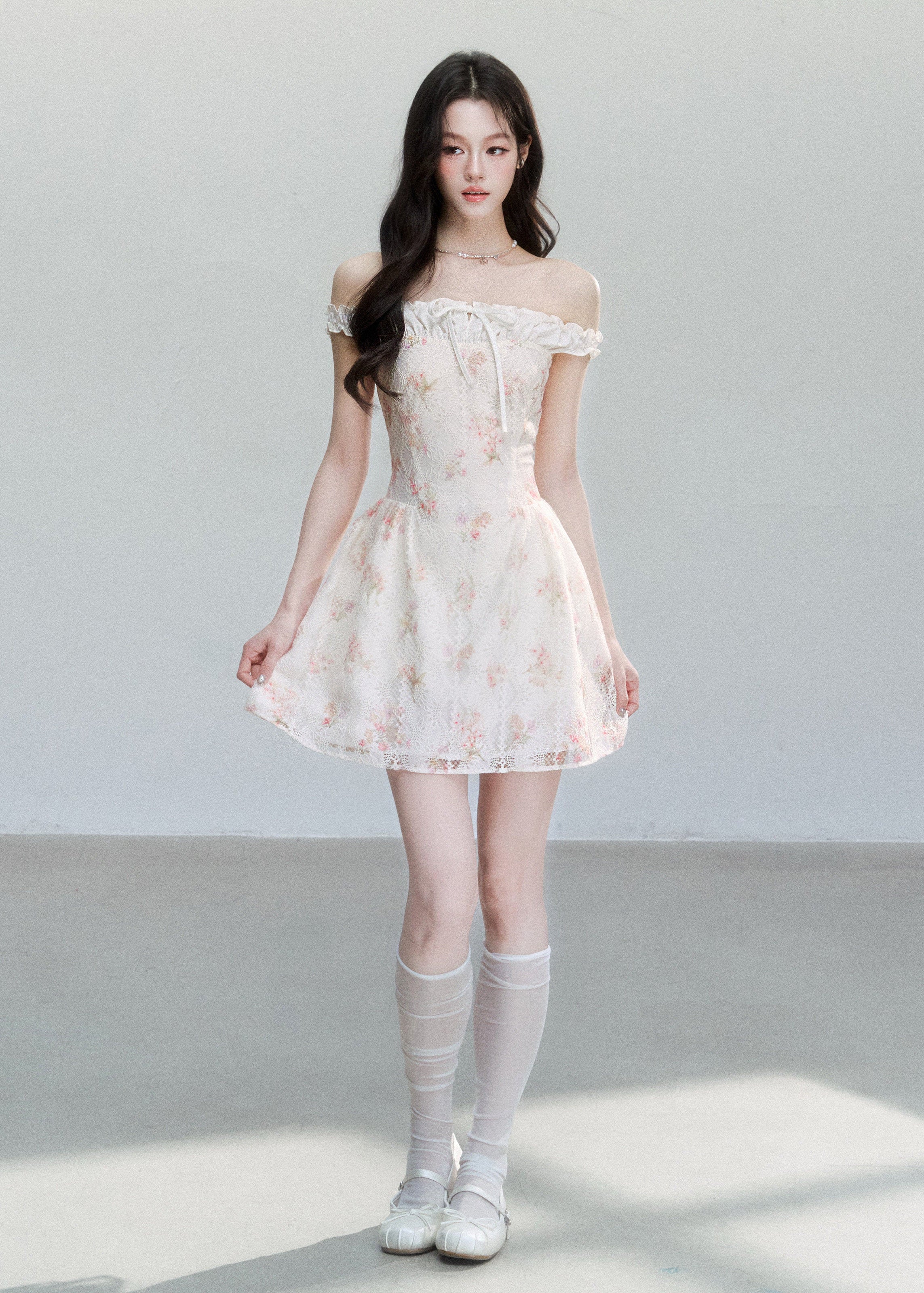 fragileheart dress, off shoulder floral dress, ivory mini dress, floral patchwork dress, korean feminine dress, romantic summer dress, vacation mini dress, soft girl dress, feminine floral dress, cream floral mini dress, summer date dress, korean vacation outfit