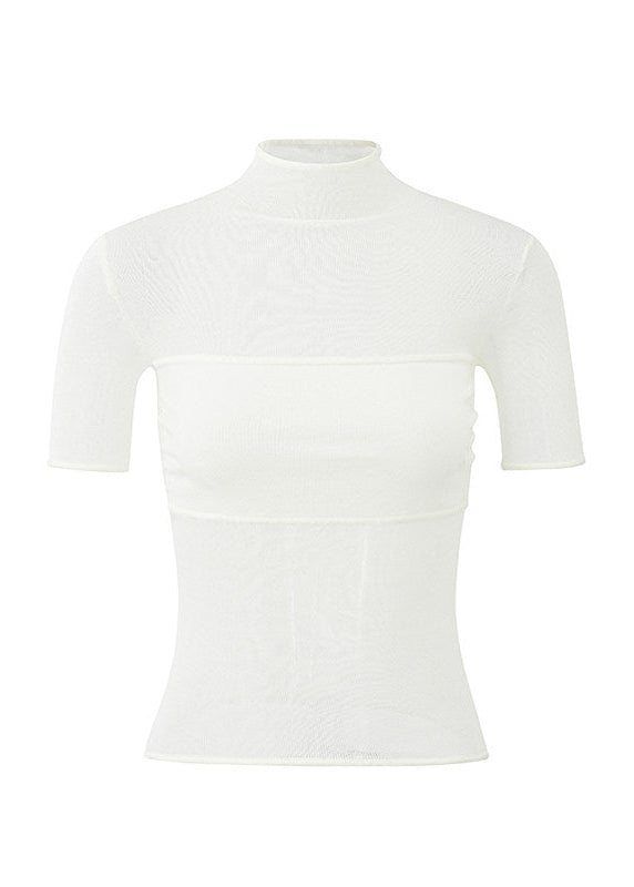 high neck t shirt women, mesh patchwork top, korean fashion top, summer outfit ideas, outfit ideas summer, slim fit t shirt women, lyocell top women, aesthetic fashion top, modern feminine clothing, parisian style clothing, versatile everyday top, chic casual outfit, lightweight summer top, sheer panel top women, minimal style top, refined casual wear, fitted tee women, stylish basic top, breathable fabric top, trendy summer top