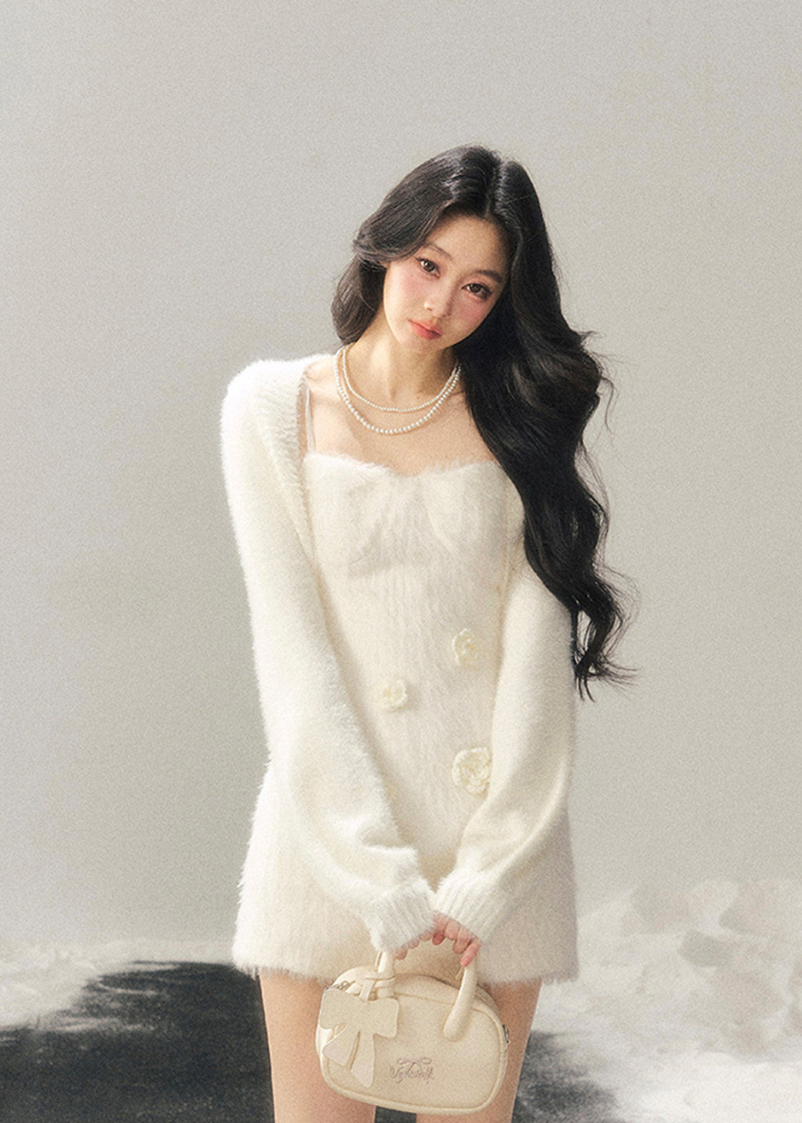 AOMALM dress, Korean winter dress, feminine knit dress, floral mini dress, 3D flower dress, sweet winter outfit, slim fit knit dress, French style dress, soft girl aesthetic, Korean fashion women, winter mini dress, elegant knit dress, romantic winter dress, aesthetic slip dress, trendy women’s dress, Korean aesthetic outfit, cozy winter dress