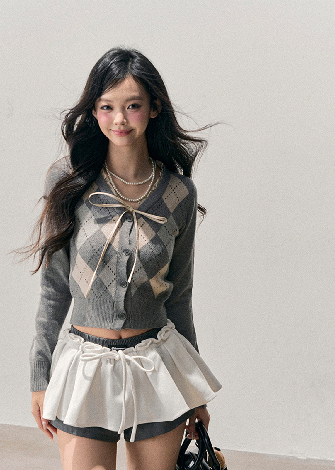 AOMALM cardigan, Korean feminine knit, French preppy cardigan, cropped knit sweater, argyle cardigan women, winter cardigan top, soft girl aesthetic sweater, Korean style knitwear, feminine cropped cardigan, ribbon tie sweater, pastel winter knit, elegant casual cardigan, preppy Korean fashion, women winter knit top, slim fit cardigan