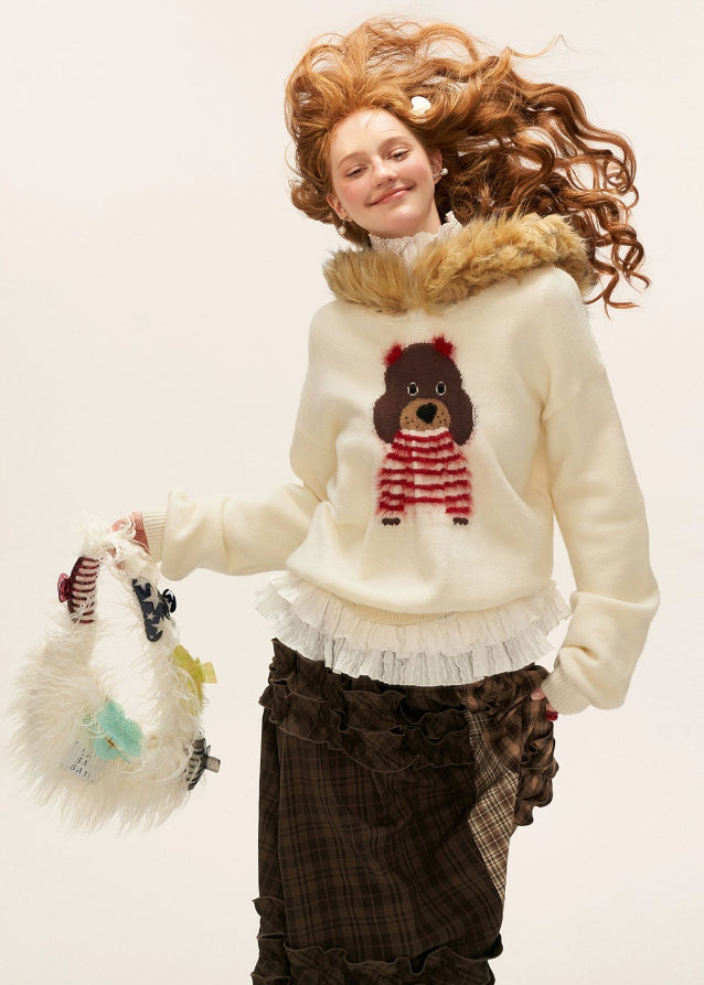 cute dog sweater, fur collar hoodie, winter knit jacket, women loose design top, fluffy hooded sweater, casual street fashion, fw25 collection, cozy fur knit, korean streetwear, tokyo winter outfit
