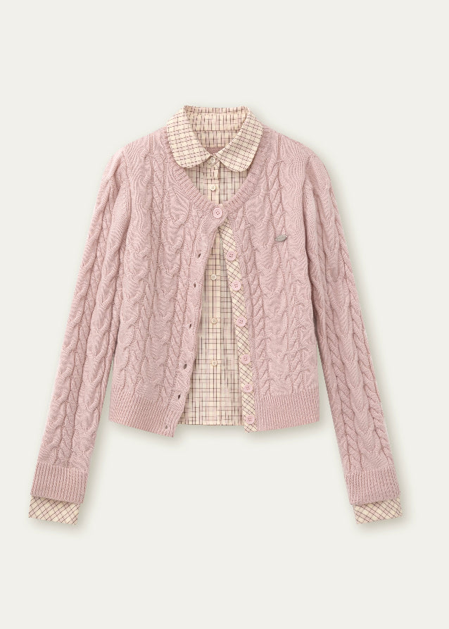 SunsetPark knit sweater, doll collar knit top, fake two-piece sweater, Australian wool knitwear, soft girly winter knit, Korean college style sweater, cozy layered look knit, twilight pine forest knit, pastel winter sweater, feminine winter fashion, cute Korean knit top, warm doll-collar sweater, AW seasonal knitwear, pine forest theme sweater