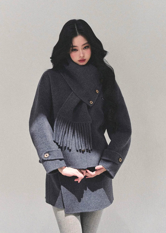 AOMALM coat set, reversible tweed coat, Korean winter outfit, tweed skirt set, winter two-piece suit, feminine Korean style, gray tweed jacket, winter mini skirt outfit, thick tweed coat women, luxury winter suit set, Korean fashion 2025, reversible winter jacket women, elegant winter outfit women, fringe scarf coat, wool blend short coat, autumn winter matching set, stylish tweed coordinates, A-line mini skirt winter, warm tweed jacket, trendy Korean outfit set.