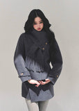 AOMALM coat set, reversible tweed coat, Korean winter outfit, tweed skirt set, winter two-piece suit, feminine Korean style, gray tweed jacket, winter mini skirt outfit, thick tweed coat women, luxury winter suit set, Korean fashion 2025, reversible winter jacket women, elegant winter outfit women, fringe scarf coat, wool blend short coat, autumn winter matching set, stylish tweed coordinates, A-line mini skirt winter, warm tweed jacket, trendy Korean outfit set.
