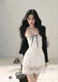 aomalm dress, white lace mini dress, korean feminine dress, french style mini dress, ribbon trim dress, lace hem dress, romantic summer dress, body skimming mini dress, cute white dress women, elegant summer mini dress, date night dress, korean summer outfit