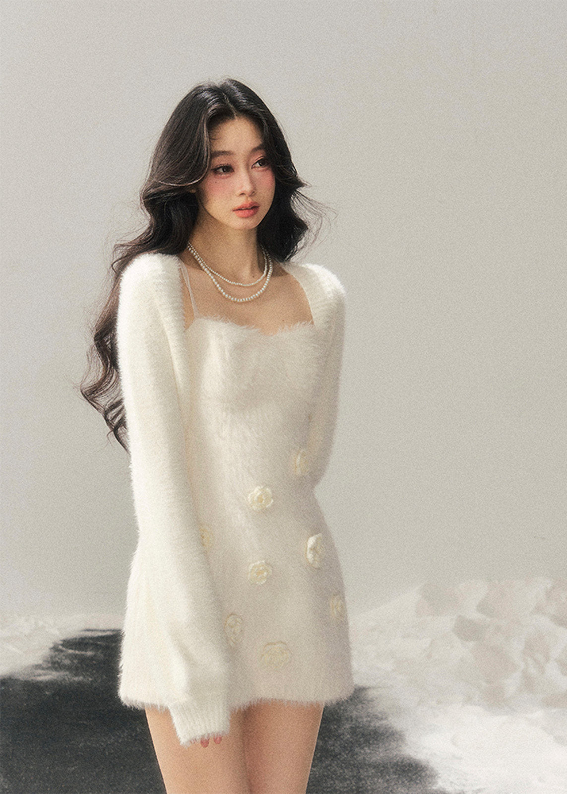 AOMALM dress, Korean winter dress, feminine knit dress, floral mini dress, 3D flower dress, sweet winter outfit, slim fit knit dress, French style dress, soft girl aesthetic, Korean fashion women, winter mini dress, elegant knit dress, romantic winter dress, aesthetic slip dress, trendy women’s dress, Korean aesthetic outfit, cozy winter dress