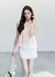fragileheart top, halter babydoll top, pink halter top, sheer korean top, feminine summer cami, sweet spicy top, bandeau style top, lace hem cami, blush camisole top, korean romantic top, lightweight summer top, soft girl halter top