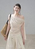 aomalm top, off shoulder top, sleeveless off shoulder top, korean fashion top, feminine summer top, waist slimming top, draped summer blouse, romantic korean outfit, elegant off shoulder blouse, slim fit summer top, soft going out top, refined feminine top