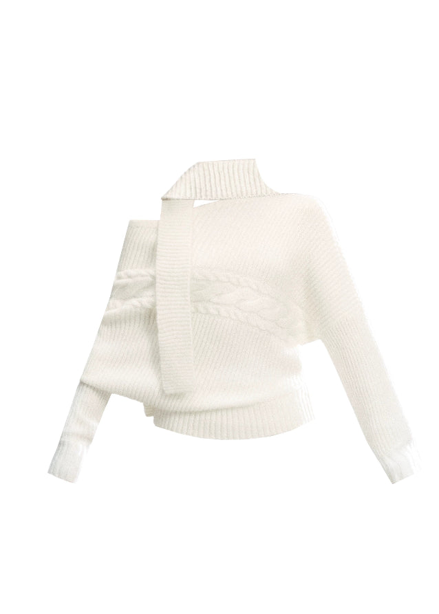 Fragileheart knit set, ivory scarf sweater, luxury Korean fashion, quiet luxury womenswear, bat sleeve knit top, pastel noir aesthetic, winter soft outfit, elegant white sweater set, K-fashion 2025, minimalist luxury knitwear, off-shoulder knit top, cozy feminine fashion, modern Korean outfit, refined winter style
