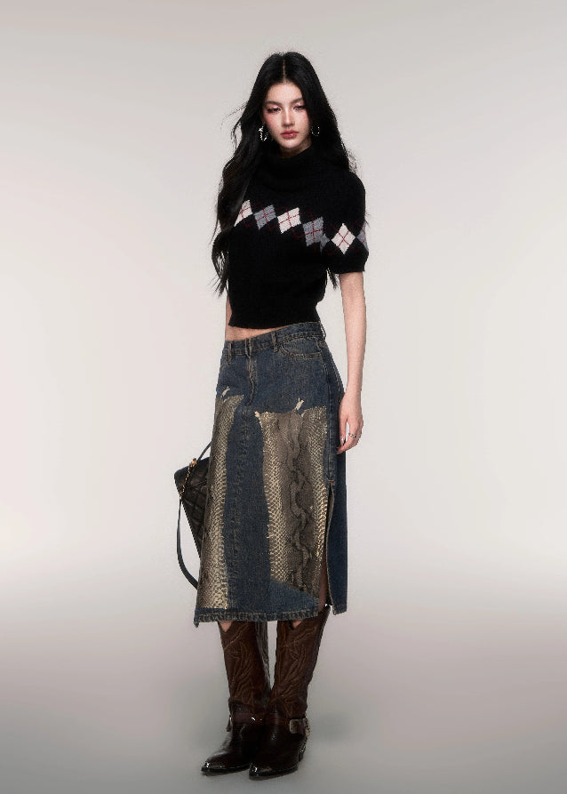 LuluSwings argyle knit top, cropped high neck sweater, preppy chic knitwear, trendy argyle short sleeve, Korean stylish knit top, modern preppy crop shirt, rhombus pattern knit, trendy nerd style top, black argyle cropped knit, city girl knitwear, AW casual chic tops, stylish Korean winter layering top