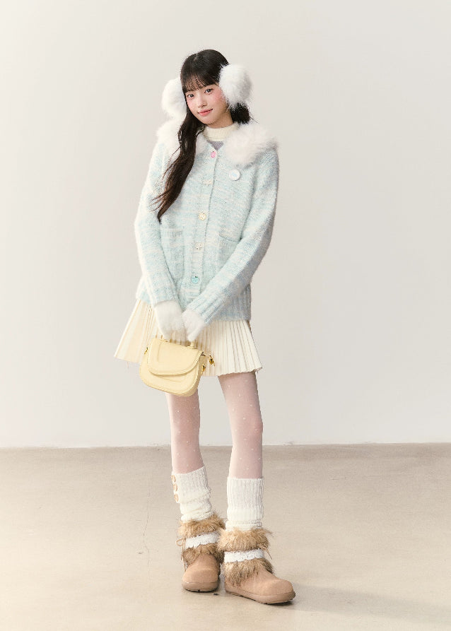 fresh ocean cardigan, blue white gradient knit, fur collar hooded cardigan, plush winter sweater, cozy fluffy hood jacket, soft fuzzy knitwear, umoumo winter collection, Korean girly cardigan, kawaii fur hood sweater, gradient plush cardigan, warm winter knit hoodie, fluffy collar cardigan, women’s soft knit jacket