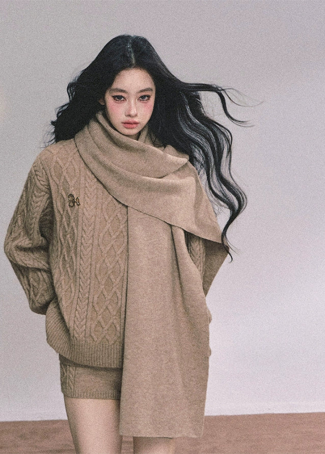 knit set, 3 piece knit set, cable knit sweater, cable knit shorts, knit scarf set, winter knit outfit, cozy knit loungewear, Korean style knit set, Korean fashion knitwear, oversized sweater set, fall winter knitwear, casual knit matching set, warm knitted outfit women, street style knit set, French chic knitwear, soft knit sweater, knit shorts outfit, scarf sweater set women, aesthetic knit outfit
