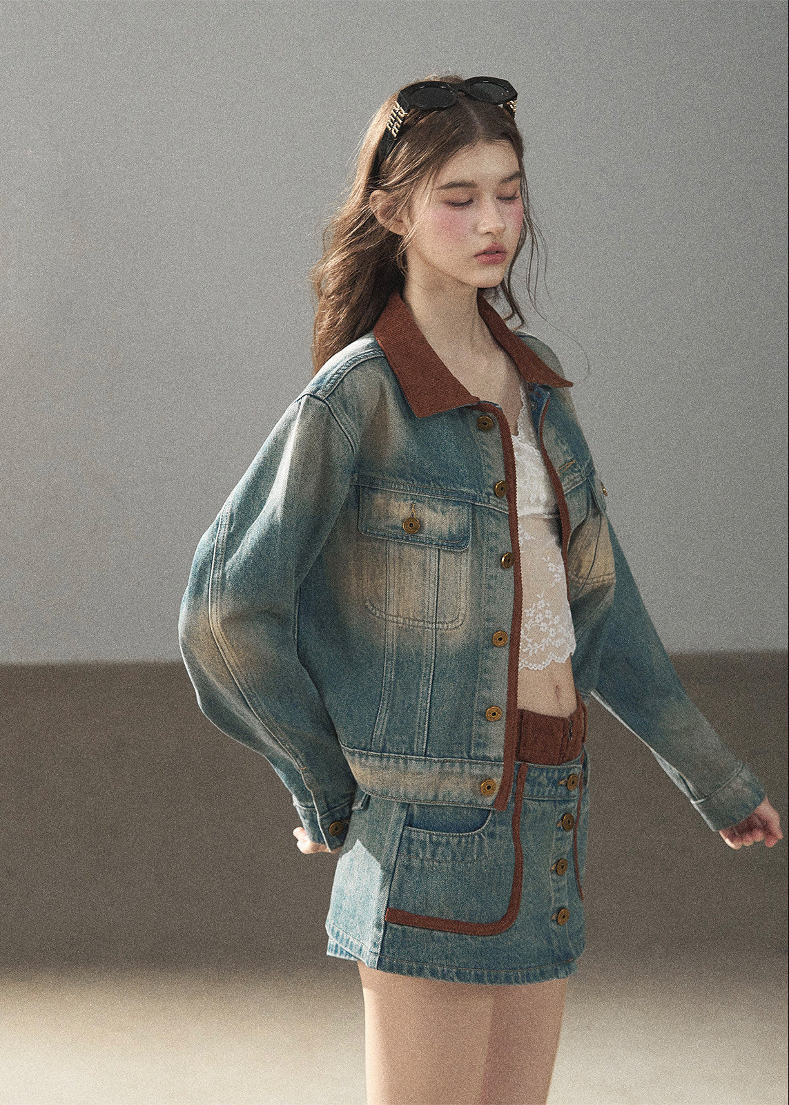 Washed denim jacket and mini skirt set