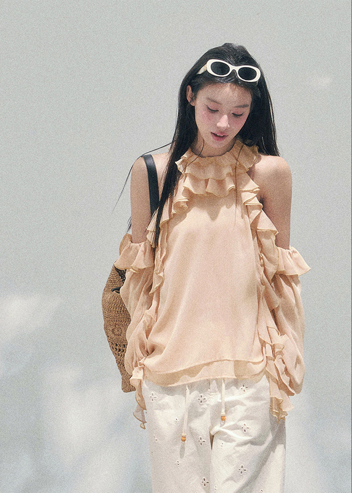 AOMALM sheer ruffle blouse, French romantic spring top, feminine off shoulder chiffon blouse, Korean elegant sheer shirt women, quiet luxury romantic outfit, Parisian inspired ruffle blouse, delicate fungus edge blouse women, romantic Korean French aesthetic clothing, lightweight spring sheer top, soft feminine translucent blouse, elegant airy chiffon shirt women, refined luxury womenswear blouse, romantic flowy spring fashion, delicate feminine long sleeve blouse, luxury Korean designer inspired top