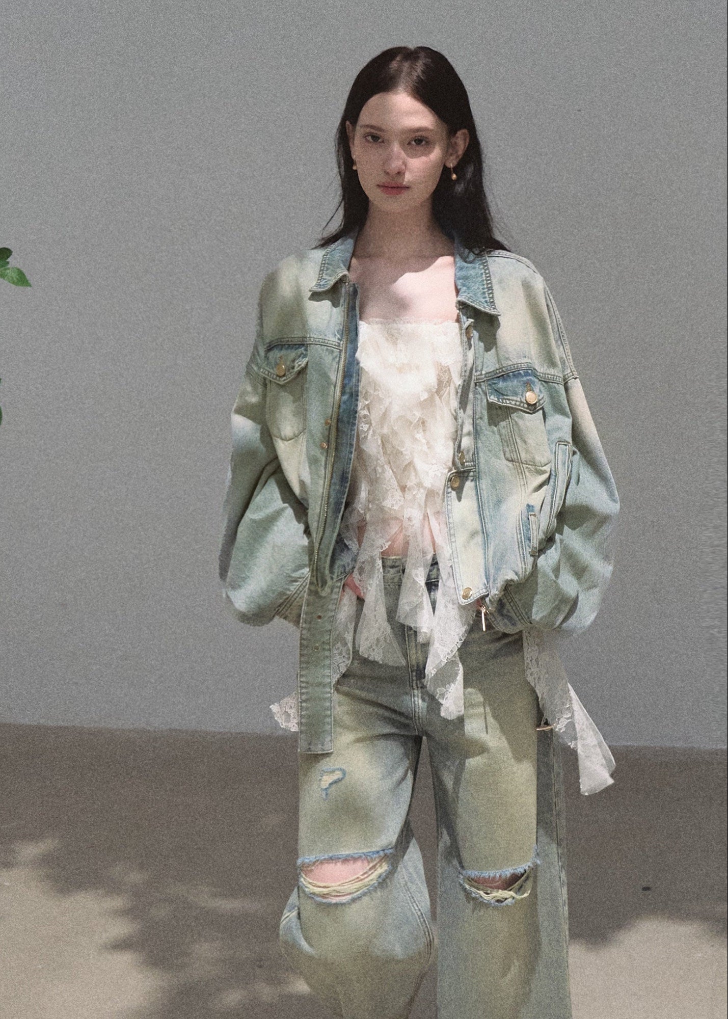Cropped vintage-wash denim jacket with adjustable hem ties