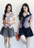 plaid layered top, korean campus top, sweet preppy top, pink plaid shirt top, faux layered blouse, feminine korean fashion top, fragileheart top, summer campus outfit, knit scarf top set, cute preppy summer top, soft girl korean top, honor student style top